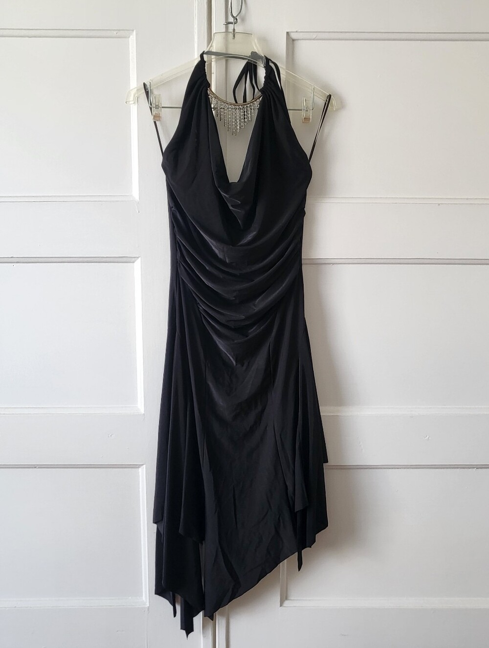 Vintage 90s Asymmetric Draped Halter Dress Black Rhinestone Choker Size 3